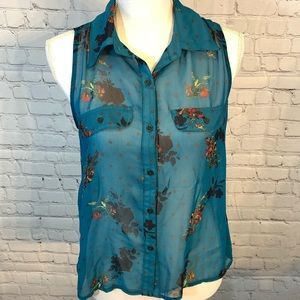 XHILARATION Sleeveless Blouse High Low Sheer Floral-Small